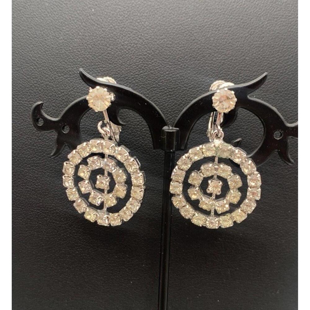Vintage‎ Hobe Sparkly Clear Rhinestone Dangle Drop Clip On Screw Back Earrings